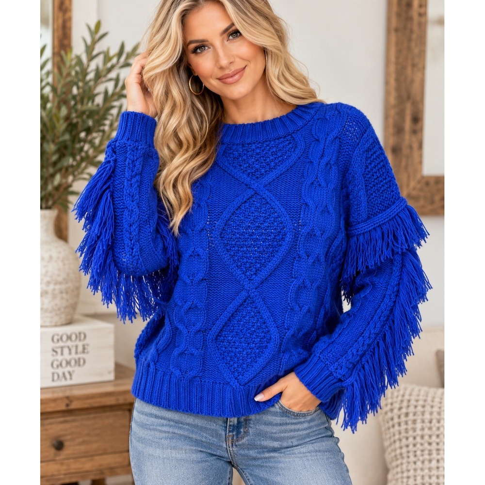 Perfectly Priscilla Royal Blue Cable Knit Fringe Sleeve Sweater Crew Neck